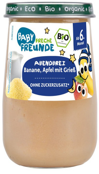 MUS MLECZNY BANAN - SEMOLINA - JABŁKO BEZ DODATKU CUKRÓW OD 6 MIESIĄCA BIO 190 g - FRECHE FREUNDE