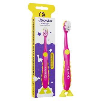 SZCZOTECZKA DO ZĘBÓW DLA DZIECI 6900 SUPER MIĘKKA RÓŻOWO - ŻÓŁTA DINOZAUR - NORDICS