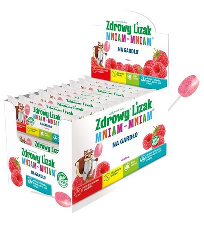 LIZAK O SMAKU MALINOWYM NA GARDŁO BEZ CUKRU BEZGLUTENOWY 6 g - MNIAM MNIAM STARPHARMA