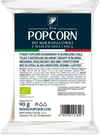 POPCORN Z ŻÓŁTEJ KUKURYDZY Z SHEA I SOLĄ DO PRZYGOTOWANIA W MIKROFALÓWCE BEZGLUTENOWY BIO 90 g - POPCROP
