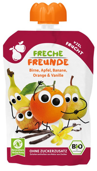 MUS GRUSZKA - JABŁKO - BANAN - POMARAŃCZA - WANILIA BEZ DODATKU CUKRÓW BEZGLUTENOWY OD 8 MIESIĄCA BIO 100 g - FRECHE FREUNDE