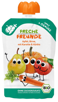 MUS JABŁKO - GRUSZKA - MARCHEW - DYNIA BEZ DODATKU CUKRÓW BEZGLUTENOWY OD 6 MIESIĄCA BIO 100 g - FRECHE FREUNDE