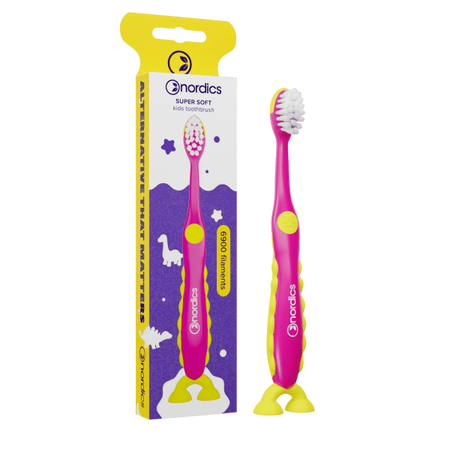 SZCZOTECZKA DO ZĘBÓW DLA DZIECI 6900 SUPER MIĘKKA RÓŻOWO - ŻÓŁTA DINOZAUR - NORDICS