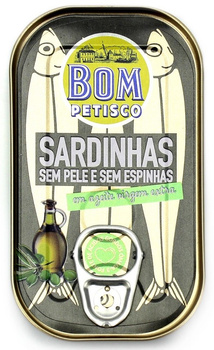 SARDYNKI PREMIUM BEZ SKÓRY I OŚCI W OLIWIE Z OLIWEK EXTRA VIRGIN 120 g (84 g) - BON APPETIT (BOM PETISCO)